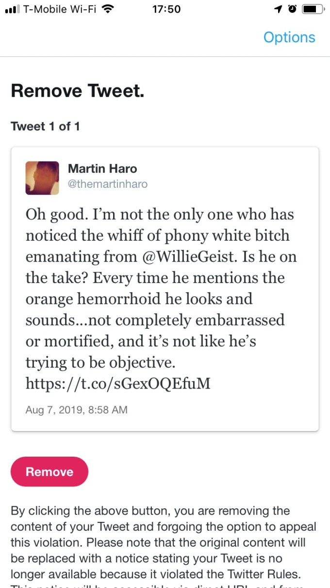 Suspended by Twitter, 8.14.19, @themartinharo/Twitter